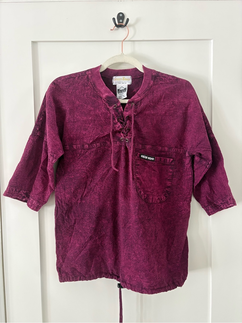Vintage Ezeewear Honey‑Komb Textured Cotton Lace‑Up Top Purple acid wash Small